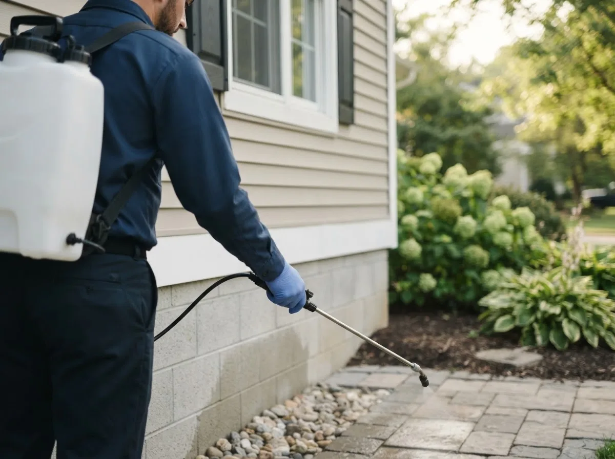 Pest control technician inspecting a home in Portage, MI